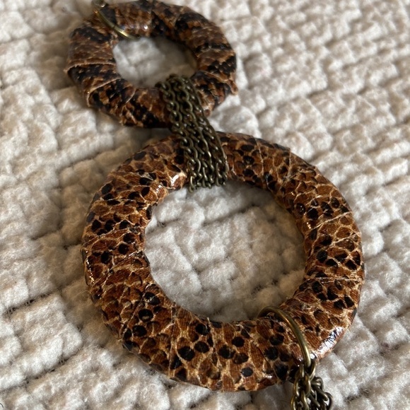 Faux Snakeskin Large Circular Dangle Earrings in Brown and Tan - Picture 4 of 7